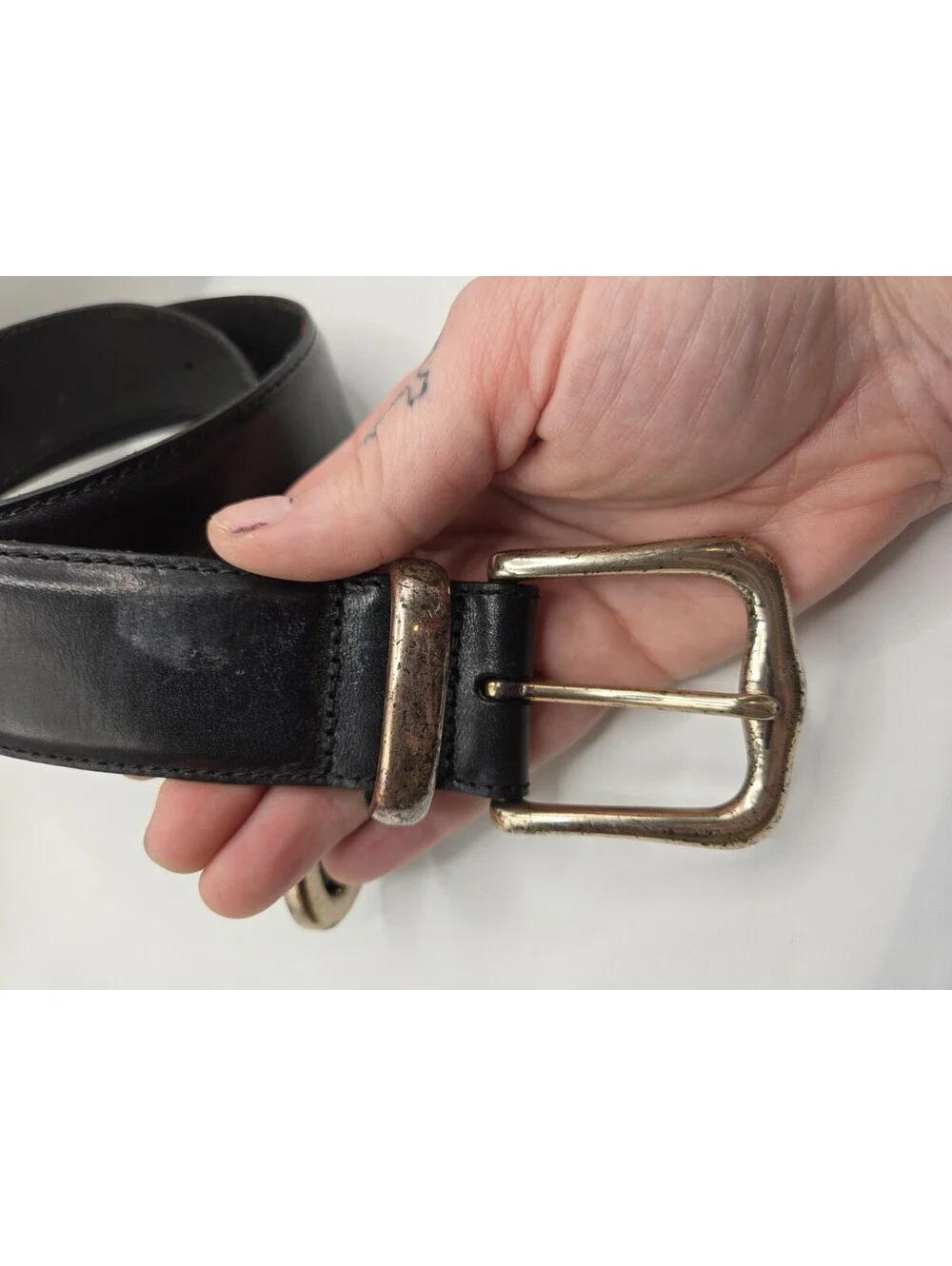 VTG Fossil Black Genuine Leather Belt Gold Horsebit Molten Abstract Buckle Sz M
